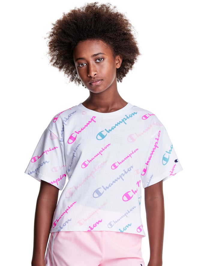 Champion Boxy Allover Logo T-Shirt Meisjes - Wit - Belgie 3268DOLWU